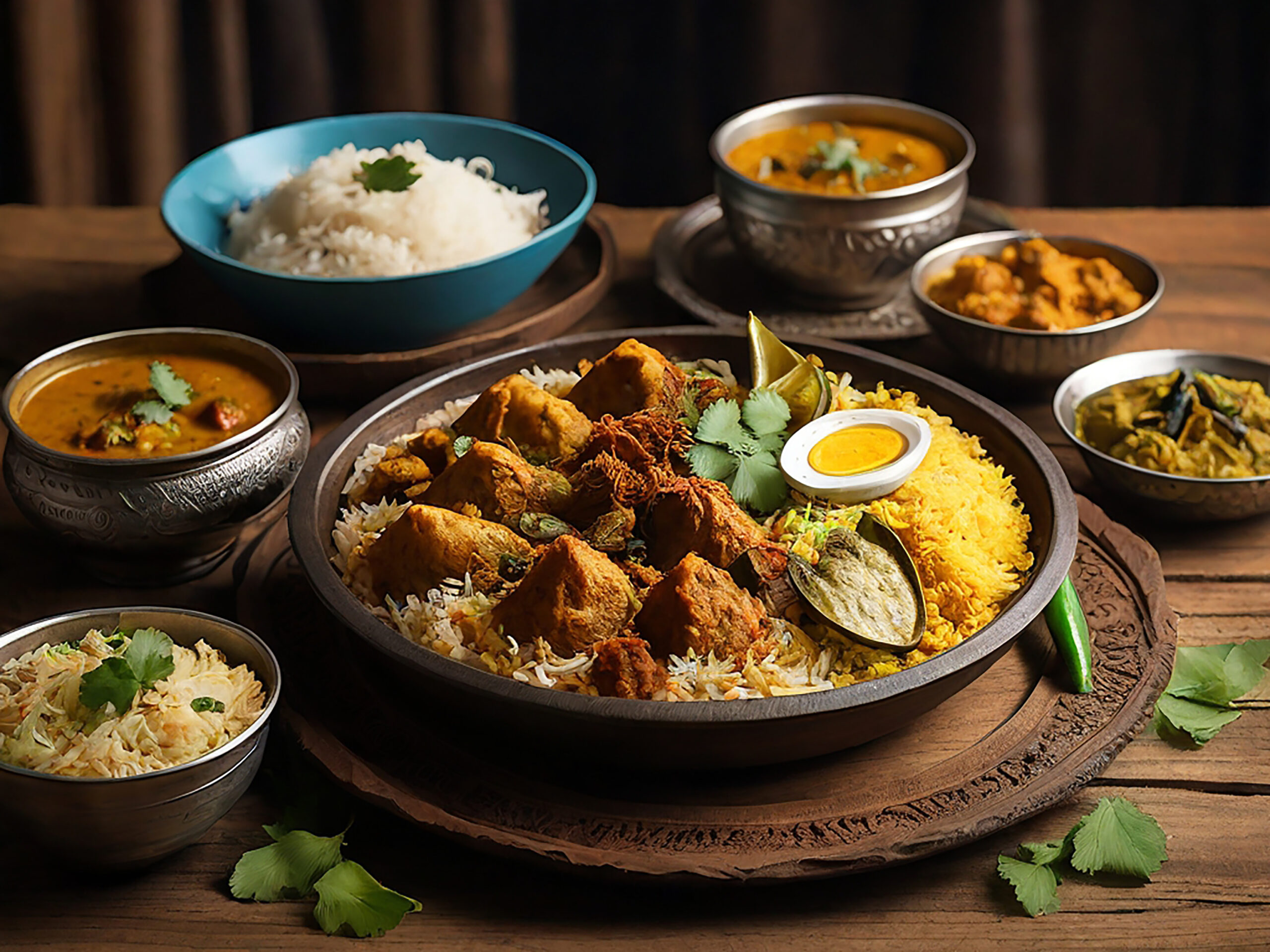 A table filled with traditional Bangladeshi foods like biryani hilsa curry pithas and shingara